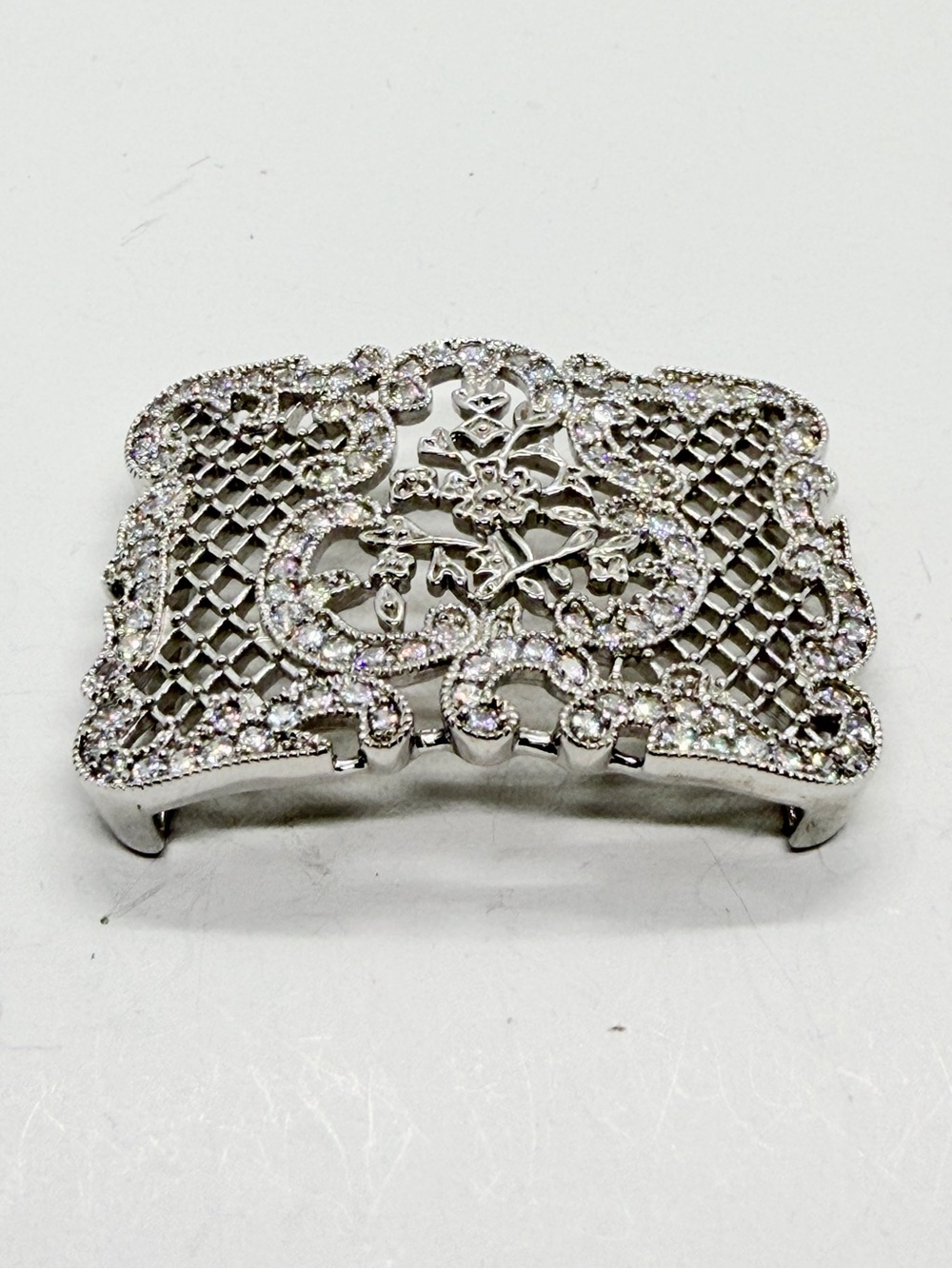 Joseph Esposito ESPO 925 Silver CZ Gem Stones Belt Buckle Openwork Floral Motif